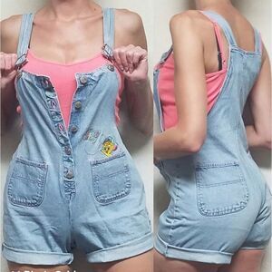 Vintage 90s Looney Tunes Tweety Bird Light Wash Button Up Shorts Overalls S